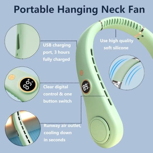 Bladeless Neck Fan, USB Rechargeable Hands-Free Portable Fans with LED Display, 5 Speeds Operated Adjustable 360° Airflow Cooling Wearable Fan for Men Women Sporting Travelling Working (Green) — view 4
