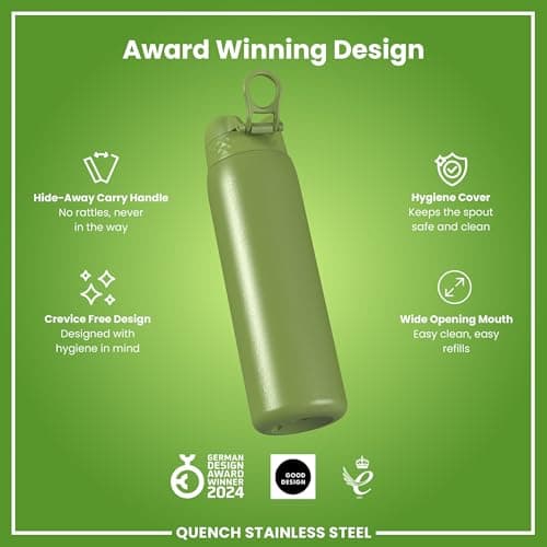 Ion8 Lightweight 1 Litre Steel Water Bottle, Non-Insulated, Leak Proof, Easy to Open, Secure Lock, Dishwasher Safe, Flip Cover, Carry Handle, Ideal for Travel & Active Lifestyles, Khaki Green — view 6