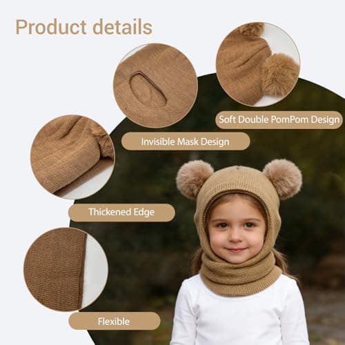 GYIOFAI 2 Pieces Kids Winter Warm Hat Scarf Baby Earflap Beanies Hood Pom Pom Toddler Hat Windproof Balaclava Kids 1-6 Years Outdoor Activities Snow Cap (Khaki and Black) — view 3