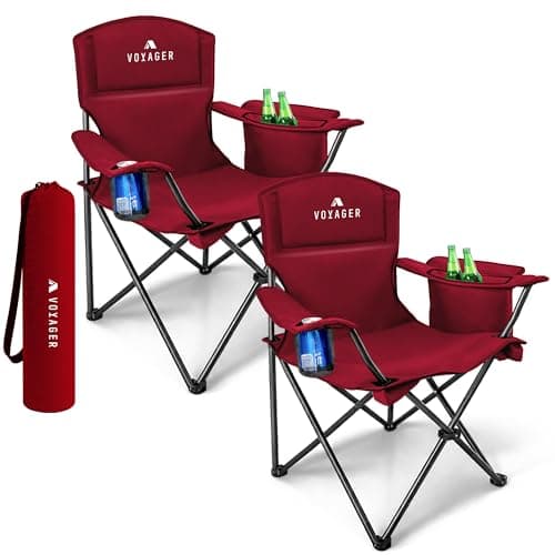 Voyager Folding Camping Chairs 2 Pack with Cooler Bag, Lightweight Q195 Steel Frame, 600D Oxford Fabric, Portable & Comfortable - Black (Red, Pouch/Cooling)