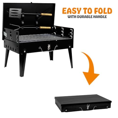 Crystals Portable Charcoal BBQ Grill, Foldable Stainless Steel Camping Barbecue with Tool Set, Small Travel Mini BBQ for Garden, Picnic & Outdoor Cooking, Black — view 4