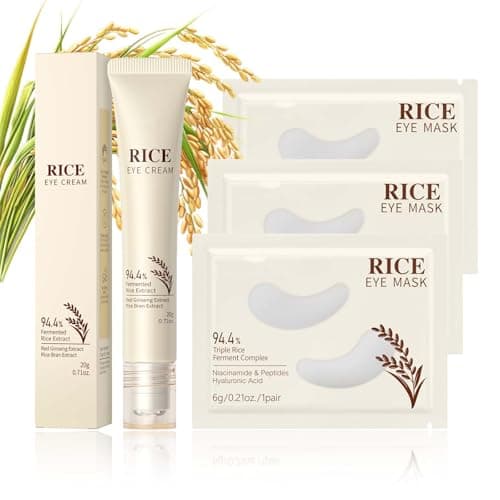 Rice Under Eye Cream & Gel Eye Mask Set – Lightweight Roll-On Rice Eye Cream + Under Eye Gel Patches for Dark Circles, Puffiness & Fine Lines – Gentle Eye Mask Skincare for Sensitive Skin 4Pcs