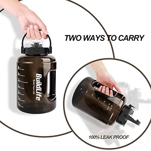 BuildLife Water Bottles with Straw & Flip Cap 2 in 1 Lid - Large Water Bottle with Time Markings BPA Free Leak Proof Wide Mouth Drinks Bottle,2.5 Litre Durable Sports Water Bottle (Black) — view 4