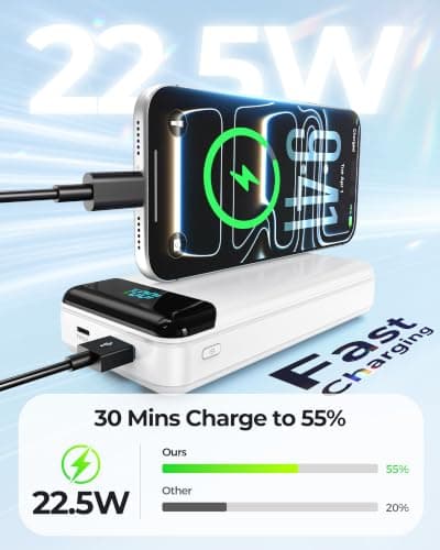 Power Bank 27000mAh,QC4.0 22.5W Fast Charging Portable Charger with Built-in 3 Cables, 4 Outputs & 3 Inputs Powerbank with LED Display for iPhone, Tablets and More White — view 3