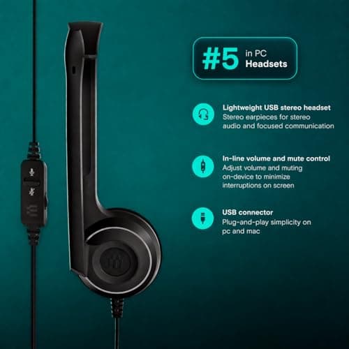 EPOS PC8 USB Stereo Headset for PC & Mac - Wired On-Ear Headphones with Noise-Canceling Mic, USB Plug, In-Line Volume & Mute Control, Ultra-Light Design, Perfect for Business, Calls & Remote Work — view 5