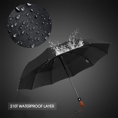 MIKAFEN Umbrella Windproof With Wood Handle - Travel and Automatic, Umbrella Compact for Men and Woman - with 10 Ribs Fiberglass and Compact Rain Protect（Black） — view 2