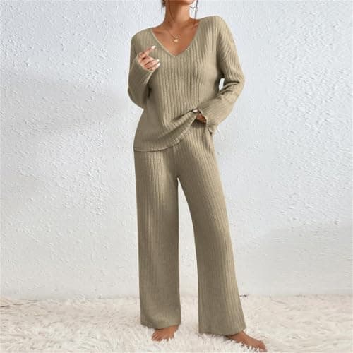 Keepink Lounge Wear Sets for Women UK Tracksuit Knit Ribbed 2 Piece Outfits V Neck Long Sleeve Jumpers + Wide Leg Trousers Pyjamas Set Sleepwear Homewear Travel Sweatsuits Tall/Petite — view 2