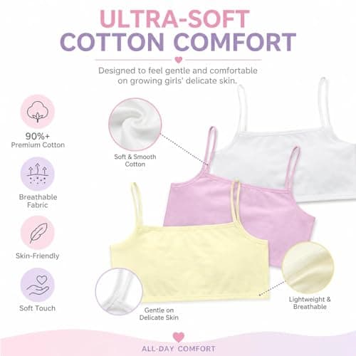 8 Pack Girls Crop Tops & Training Bras, Cotton Set for Ages 8-12 | Over 90% Cotton, Light Support, 8 Crop Tops, Ages 8-12, 8 Colours, for School, PE And Daily Wear — view 3