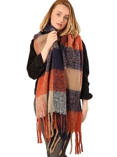 Style Slice Oversized Tartan Blanket Scarf, Navy Blue Orange