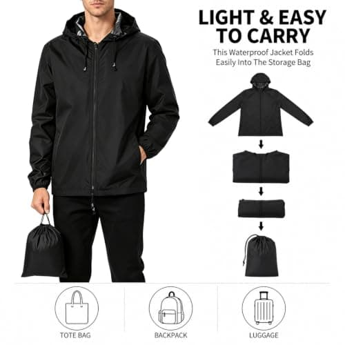 BBXWANG Mens Waterproof Jackets Lightweight Packable Rain Jacket Men Raincoat Black Men's Outdoor Waterproof Jackets with Hood for Walking Cycling Hiking Travel (UK, Alpha, XL, Regular, Regular) — view 2