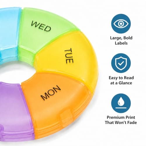 Weekly Pill Box Organiser, 7 Day Round Tablet Organiser, Easy Open Snap Shut Lids Portable Travel Pill Case, Rainbow Medicine Organiser Tablet Box for Vitamins Supplements Medication — view 6