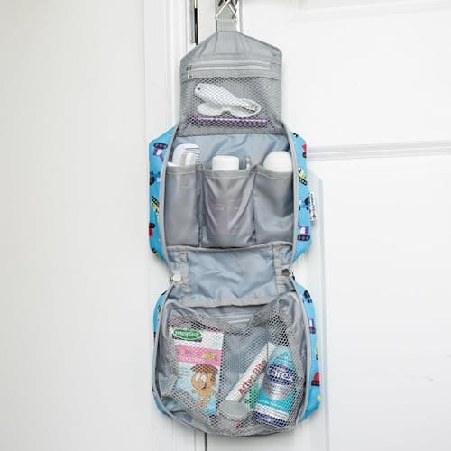 tiddlers & nippers | Kids Travel Wash Bag | Hanging Toiletry Bag & Organiser | Lightweight, Compact & Expandable | Zipped Storage Compartment, Carry Handle & Hanging Hook (Diggers & Lorries) — view 5