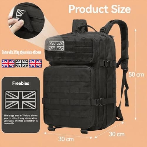 HANWELL 45L Military Tactical Backpack with 3 Flag Patches, Molle Army Bag — view 2
