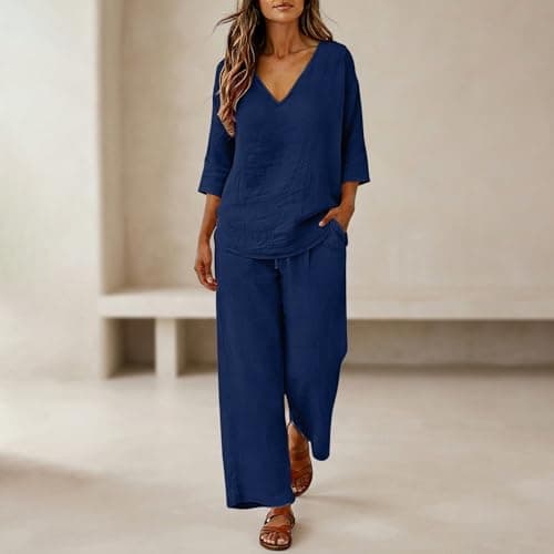 Smart Airport Outfits for Women 2026 Two Piece Linen Sets for Women UK Plus Size Spring Summer Work Outfits 3/4 Sleeve V-Neck Henley Tops Wide Leg Drawstring Palazzo Pants Lounge Wear Set — view 3