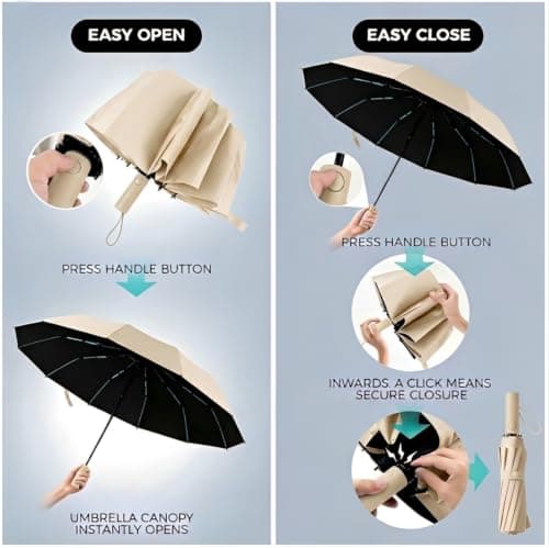 NAYEZH Umbrella Windproof Travel Umbrella for Rain, Auto Open Close, 12 Ribs 3+2 Fiberglass Frame, Durable Compact Portable Umbrella for Daily Use (Cream) — view 5