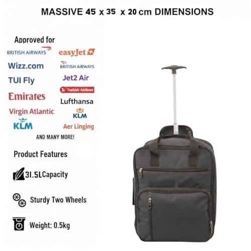 TR-E-002 EasyJet Cabin Bags 45x36x20cm Underseat Rucksack for Plane Hand Luggage Backpack Rolling Wheeled Travel Backpack with Adjustable Height Handle Black — view 6