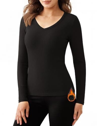 Harlamvar Women Micro Fleece Lined Tops Long Sleeve Tops V Neck Base Layer