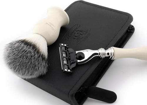 Travel Shaving Set with Synthetic Hair Brush & Triple Edge Cartridge Compatible Razor in a Faux Leather Travel Case Ivory/Off-White Handles by Haryali London — view 5