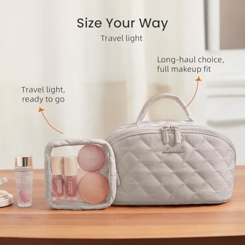 LOVEVOOK Travel Makeup Bag, Flat Lay Make Up Pouch Womens, Large 2Pcs Set Cosmetic Organiser with Compartments, Waterproof Puffer Toiletry Bag with Handle & Divider, Portable Gift for Her, Khaki — view 6