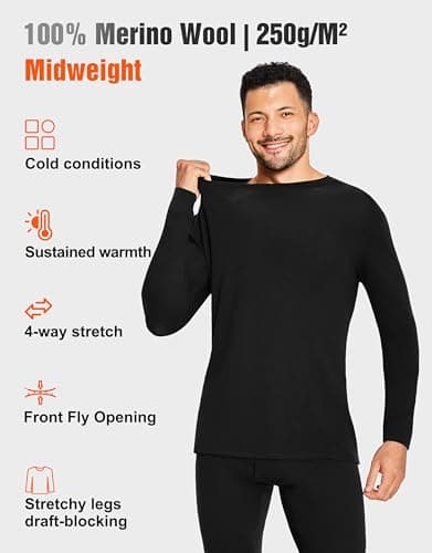YESWEL Merino Wool Base Layer Underwear For Cold Weather, Winter Long Johns For Men Thermal Lightweight And Midweight (Black,250g,XL) — view 4