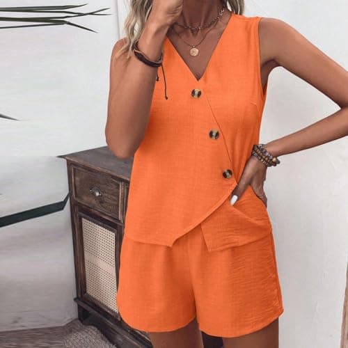 NSICBMNO Orange Lounge Sets For Women Shorts Co Ord Sets Summer 2 Piece Outfits Sleeveless Waistcoat V Neck Vest Tops Wide Leg Shorts Casual Tracksuits Travel Airport Outfits For Office Work Beach — view 5