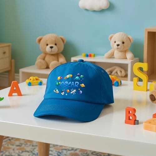 Purple Print House Personalised Kids Baseball Cap Outer Space Planets Custom Name Toddler Hat Holiday Boys Summer Travel Gift, One Size, Light Blue — view 3