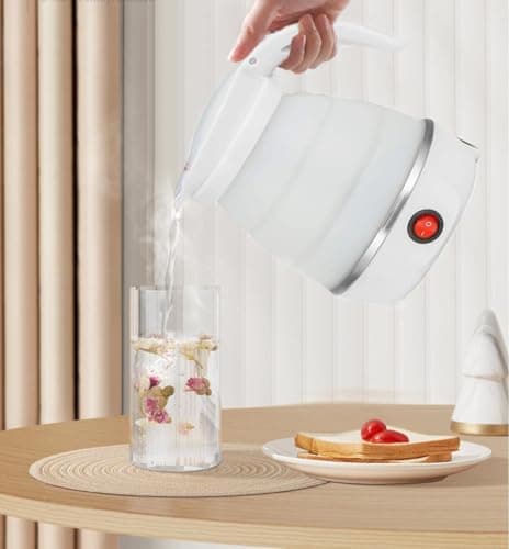 Foldable Electric Travel Kettle,600ml Portable Kettle Silicone Collapsible Heating Water Boiler Tea Pot for Camping,Easy for Storage with Separable Power Cord (White) — view 4