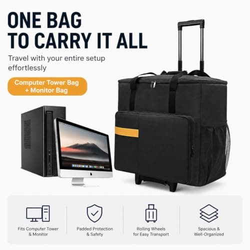 Pitrumo PC Carrying Case on Wheels, Desktop Travel Bag with Detachable Trolley for PC Tower, Monitor, Keyboard and Mouse, Black (Bag Only, for 27" Monitor) — view 3