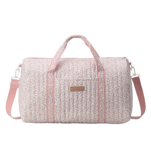 GSenhui Quilted Duffle Bag for Women Cute Baby Hospital Bag Floral Duffel Bags (White Pink Ditsy Floral)
