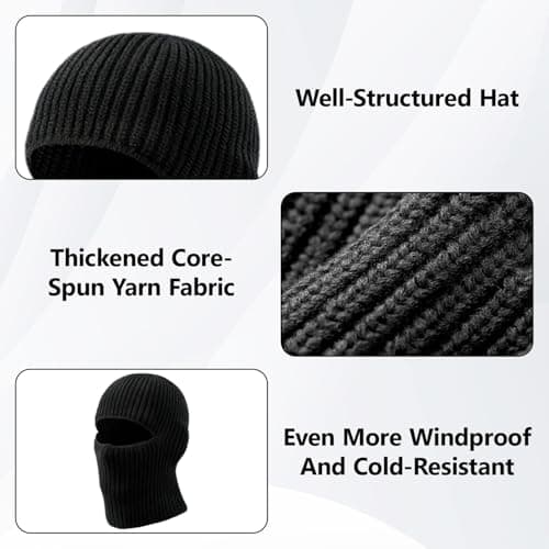 ZhouLinMou 2 in 1 Balaclava & Beanie Hat, Thermal Windproof Ski Mask, Cold Weather Face Cover for Running, Cycling, Motorcycle, Hiking, Unisex Black Winter Headwear (Black, 1Pcs) — view 3