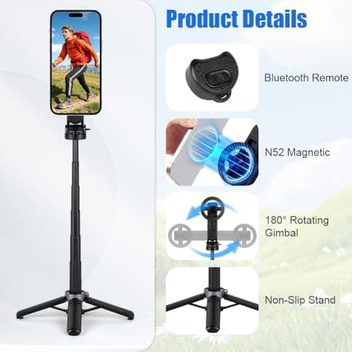 Ainiv 4-in-1 Multifunctional Magnetic Selfie Stick, 360°Rotation Phone Tripod with Wireless Remote for iPhone & Android, for Travel, Vlogging, Photos, Video Recording — view 3