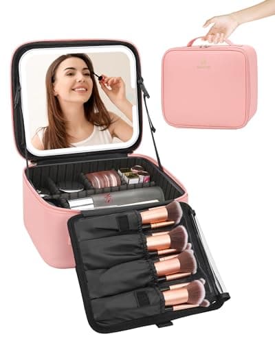 Makeup Bag with LED Mirror-3 Colors Modes Travel Makeup Organiser Pink