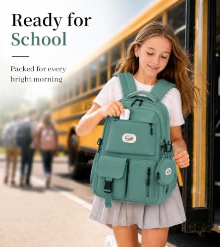 BECOJADDE Backpack School Bag for Women and Girls, 15.6" Laptop, Green 25L — view 3