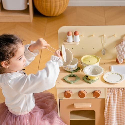 ROBOTIME Kid Metal Play Pots and Pans Toy, Pretend Cooking Utensils Yellow — view 3