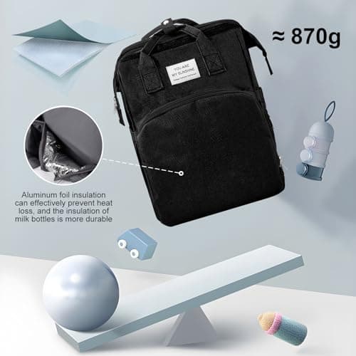Jalann Baby Changing Bag, Nappy Changing Bag for Mums, Large Capacity Baby Bags with Changing Mat, Waterproof Portable Diaper Backpack, Shoulder Straps for Travel (Black) — view 6
