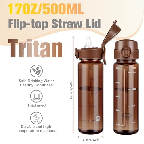 GOPPUS 500ml/17oz Clear Tritan Water Bottle with Straw Transparent Childrens Drinks Bottle with Carrying Handle See Through Measured Kid Bottles with Flip Top Lid Leakproof BPA Free (Brown) — view 2