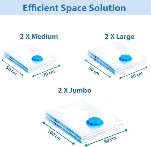 Vacuum Storage Bags Pack of 6 (2 Medium, 2 Large, 2 Jumbo) - Space-Saving Compression Bags with Airtight Seal - Reusable Zipper Bags for Clothes, Duvets, Bedding - Compatible with Vacuum Cleaner — view 6