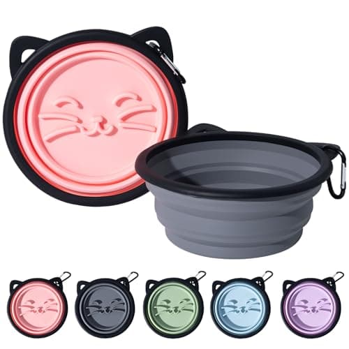SLSON Silicone Collapsible Dog Bowl, 2 Pack Portable Dog Travel Bowl, Cute Cat Pattern Pet Feeding Bowl 750ml Large Foldable Food & Water Bowl with Carabiner (Pink+Grey)