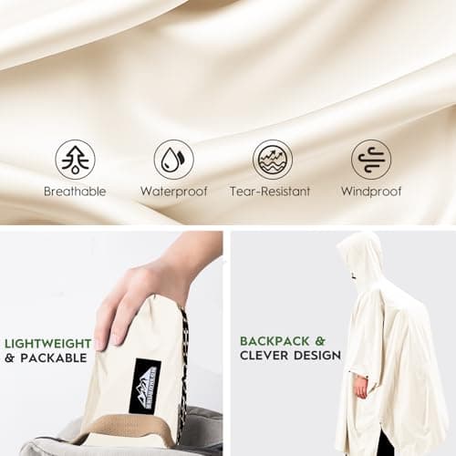 Bruvoalon 3-in-1 Rain Poncho with 1/4 Zip & Chest Pocket, Waterproof, Sunshade, Ground Mat for Adults & Youth Emergency, Beige, M — view 5