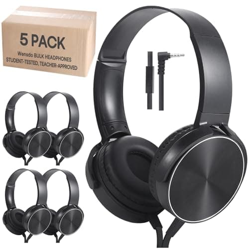 Wensdo Classroom Headphones Bulk 5 Pack with Microphone, On-Ear Wholesale Wired Kids Headphones for Students School with 3.5mm Jack for Library Home Online Learning and Travel (HY450, Black)