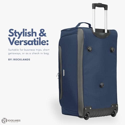 Rocklands® Lightweight Wheeled Holdall Large Duffle Trolley Suitcase Thick Heavy-Duty Cross Nylon EVA-Backed Front, Hard Base Travel Bag (Large - 32" (H82xW42xD40 cm), Navy) — view 6
