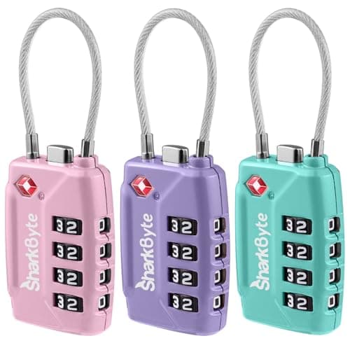 SharkByte TSA Approved Luggage Locks - 4-Digit Combo, (3 Pack) Flexible Wire Cable for Suitcases & Bags (10,000 Combinations)