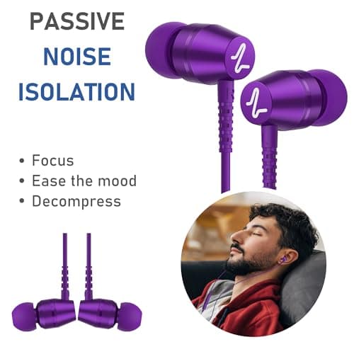 Ludos OMNITONE Wired Earbuds in-Ear Headphones, Earphones with Microphone, 5 Years Warranty, Noise Isolation Corded for 3.5mm Jack Ear Buds for iPhone, iPad, Samsung, Laptop, Gaming, Sports - Purple — view 5