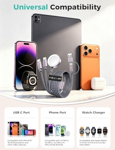 Upgraded Travel Essentials 3 in 2 Apple Watch Charger for iPhone Charger Multi Charger Cable Compatible with iWatch Serie 11-2/Ultra/SE, iPhone 17-11, Galaxy Android-4FT for Travel Camping Cruise — view 4