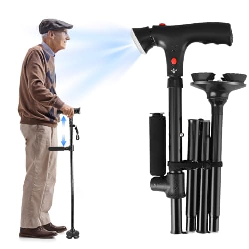 Adjustable Walking Stick with LED Light, Alarm, Dual Handle and Quad Base