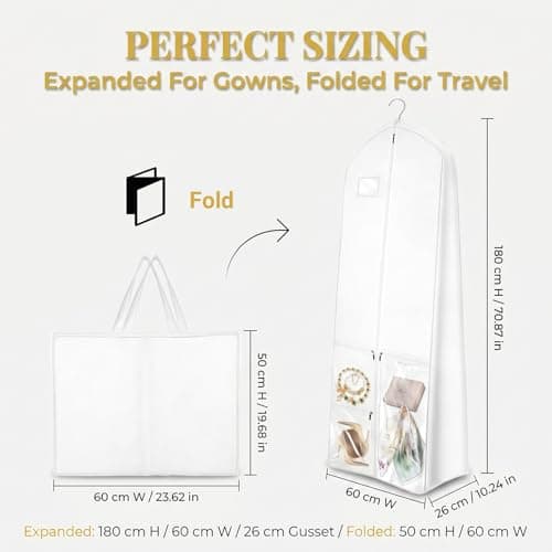 Vesavifaka Garment Bag Long 180 x 60 cm, Moth-Proof Garment Bags – Garment Bag Suit, Wedding Dress Cover with Handle, Foldable Garment Cover with Zippered Pockets, White — view 2