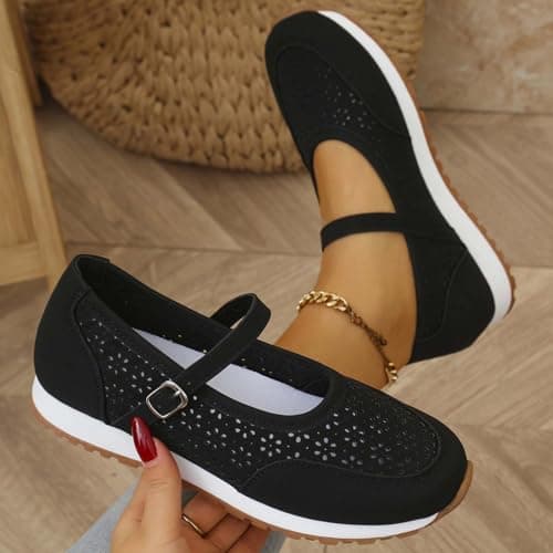 Women's Vintage Perforated Mary Jane Sneakers Chic Buckle Loafers Breathable Walking Shoes for Travel and Weekend Trips Black — view 2
