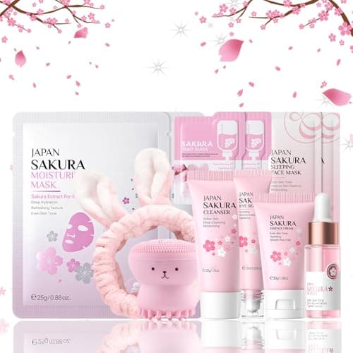Skin Care Sets & Kits For Women Gifts, Sakura Pamper Gifts for Women, Travel Skincare Set for Brightening - Cleanser, Serum, Cream, Eye Serum, Face & Mud & Sleep Mask*2, Brush, Headband