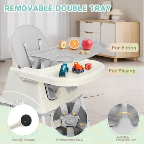 LALAHO 3-in-1 Baby High Chair W/ 5-Point Harness and Locking Wheels, Grey — view 4
