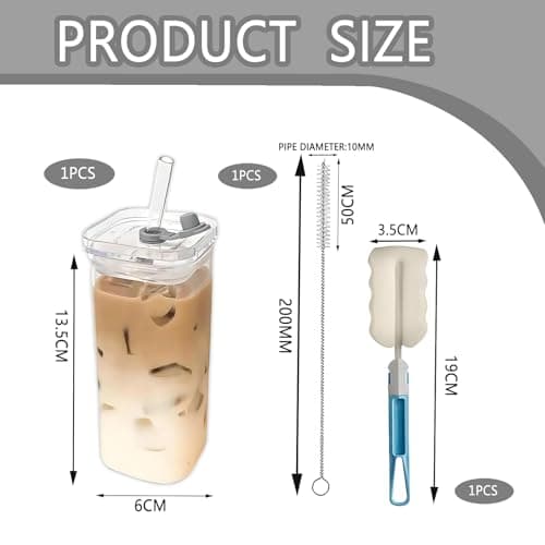 400ml Glass Cups with Lids and Straws Set, Square Glass Tumbler with Straw and Lid, Transparent and Minimalist Iced Coffee Glasses Suitable for Office Travel and Home use Ice Coffee Cup — view 2